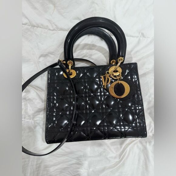 Dior Handbags - Christian Dior Vintage Medium Lady Dior Black Patent Cannage Bag Gold Hardware